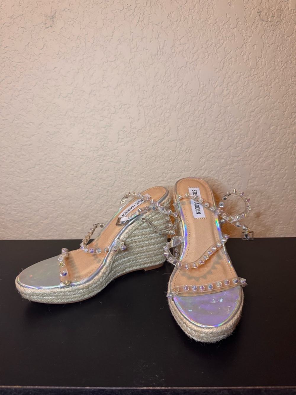 Steve Madden Iridescent Clear Studded Espadrille Wedges
